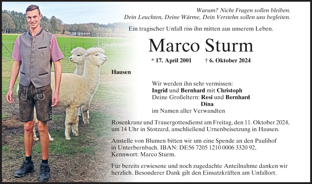  Traueranzeige für Marco Sturm vom 09.10.2024 aus Aichacher Nachrichten