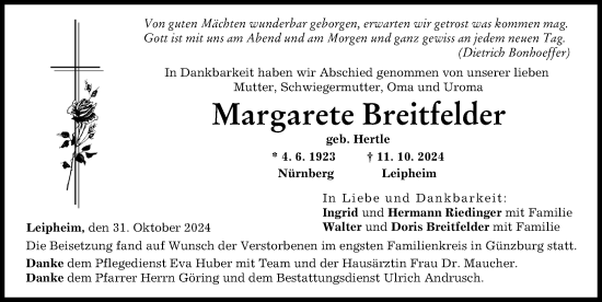 Traueranzeige von Margarete Breitfelder von Günzburger Zeitung