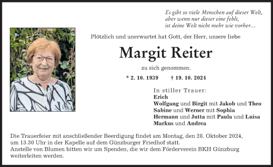 Traueranzeige von Margit Reiter von Günzburger Zeitung