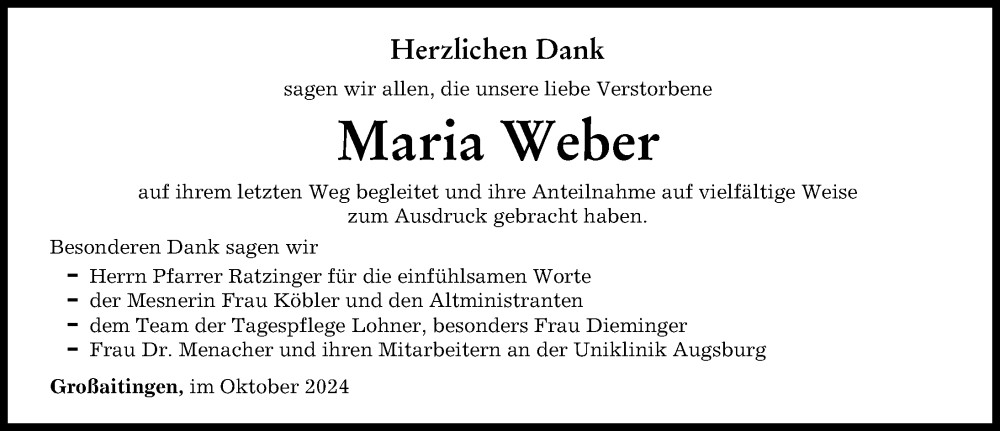 Traueranzeige von Maria Weber von Schwabmünchner Allgemeine