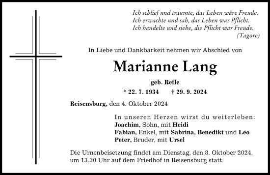 Traueranzeige von Marianne Lang von Günzburger Zeitung