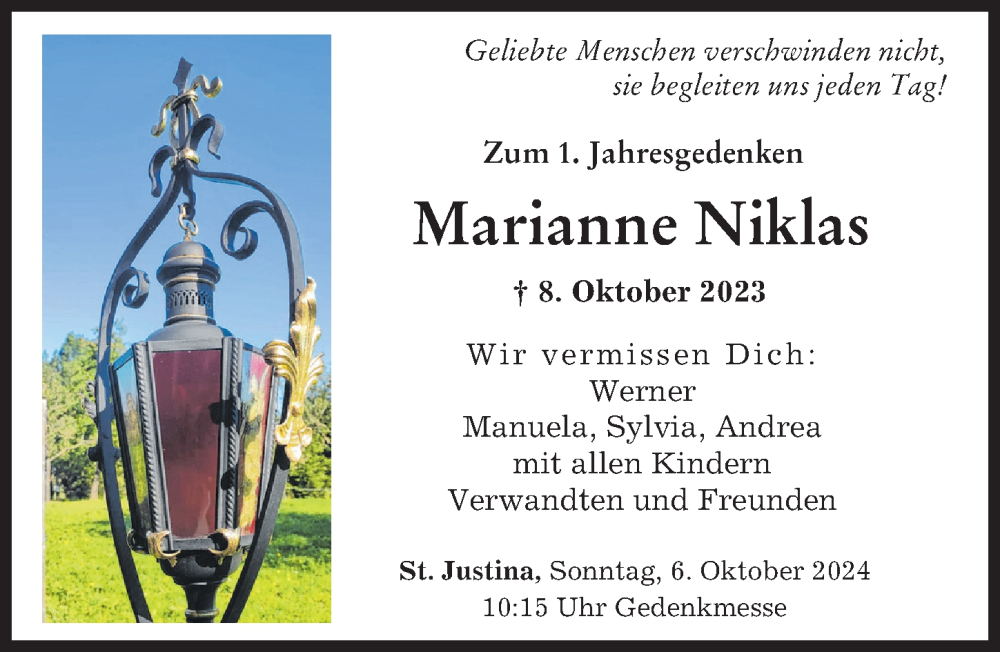 Traueranzeige von Marianne Niklas von Mindelheimer Zeitung