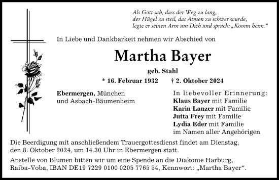 Traueranzeige von Martha Bayer von Donauwörther Zeitung