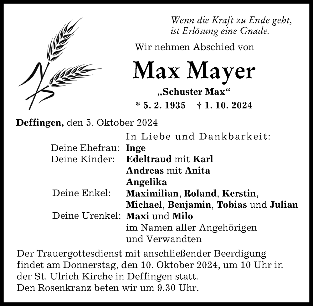 Traueranzeige von Max Mayer von Günzburger Zeitung