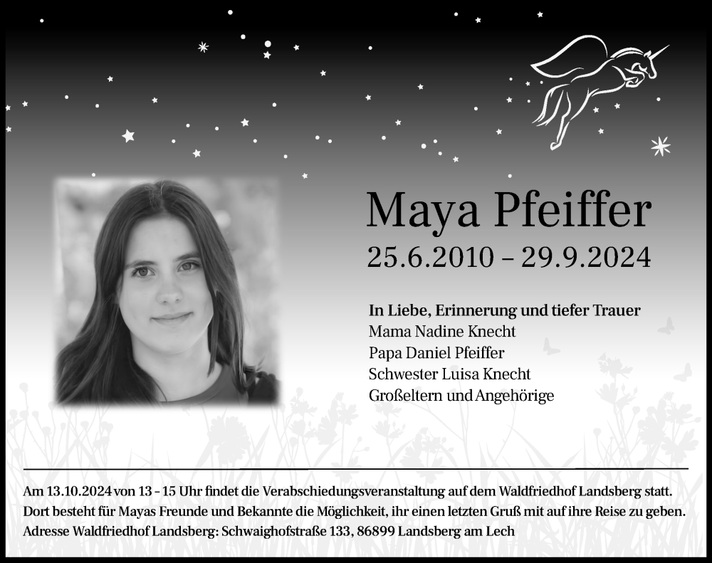  Traueranzeige für Maya Pfeiffer vom 09.10.2024 aus Landsberger Tagblatt