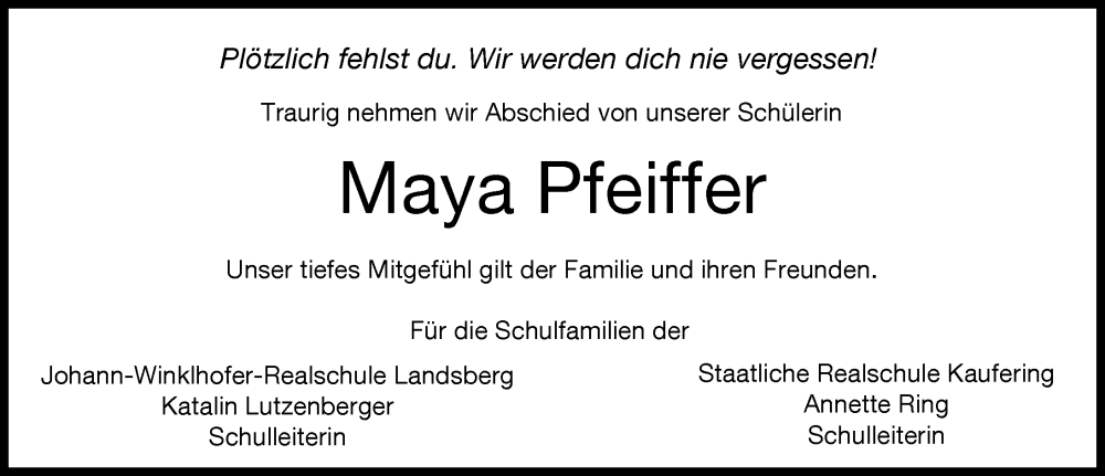 Traueranzeige von Maya Pfeiffer von Landsberger Tagblatt