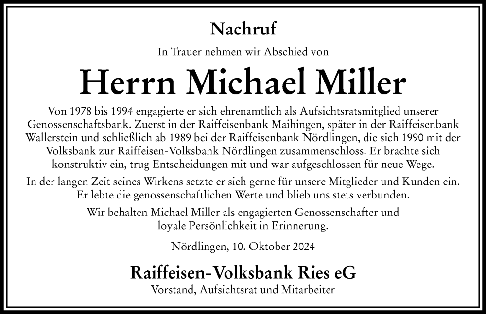 Traueranzeige von Michael Miller von Rieser Nachrichten