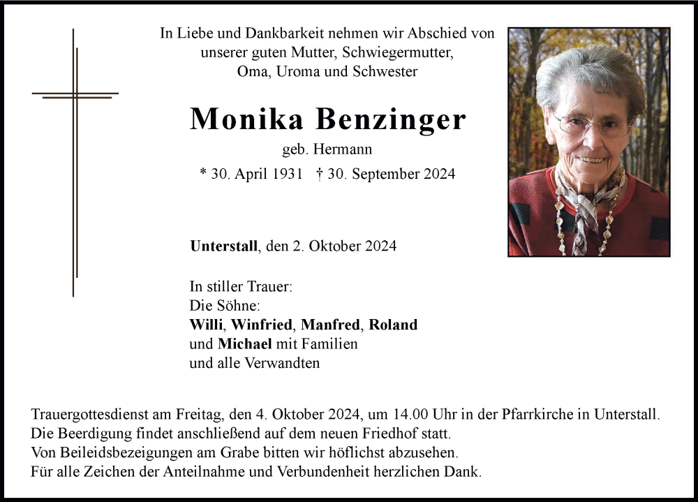 Traueranzeige von Monika Benzinger von Neuburger Rundschau