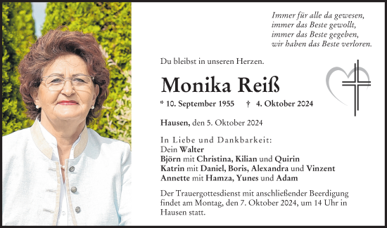 Traueranzeige von Monika Reiß von Donau Zeitung