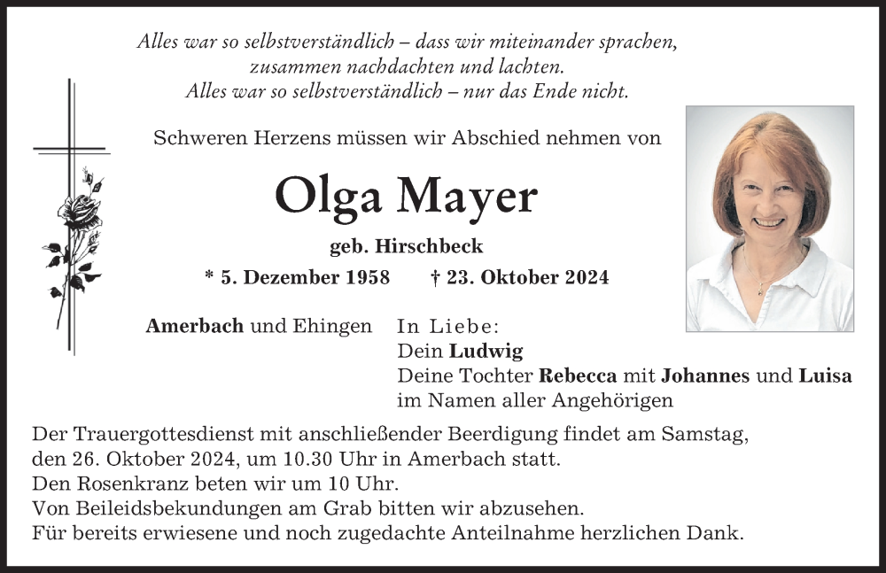 Traueranzeige von Olga Mayer von Rieser Nachrichten, Donauwörther Zeitung