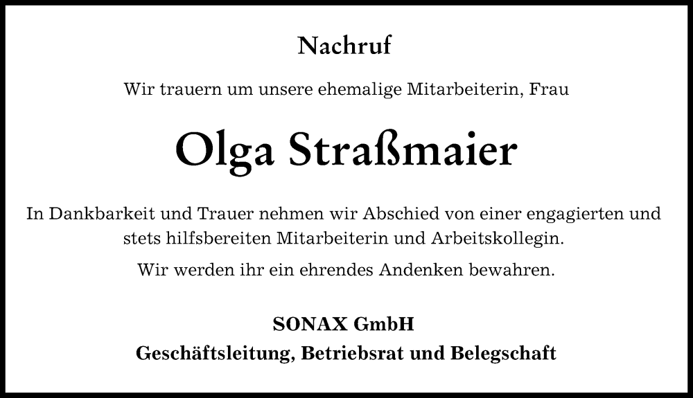 Traueranzeige von Olga Straßmaier von Neuburger Rundschau