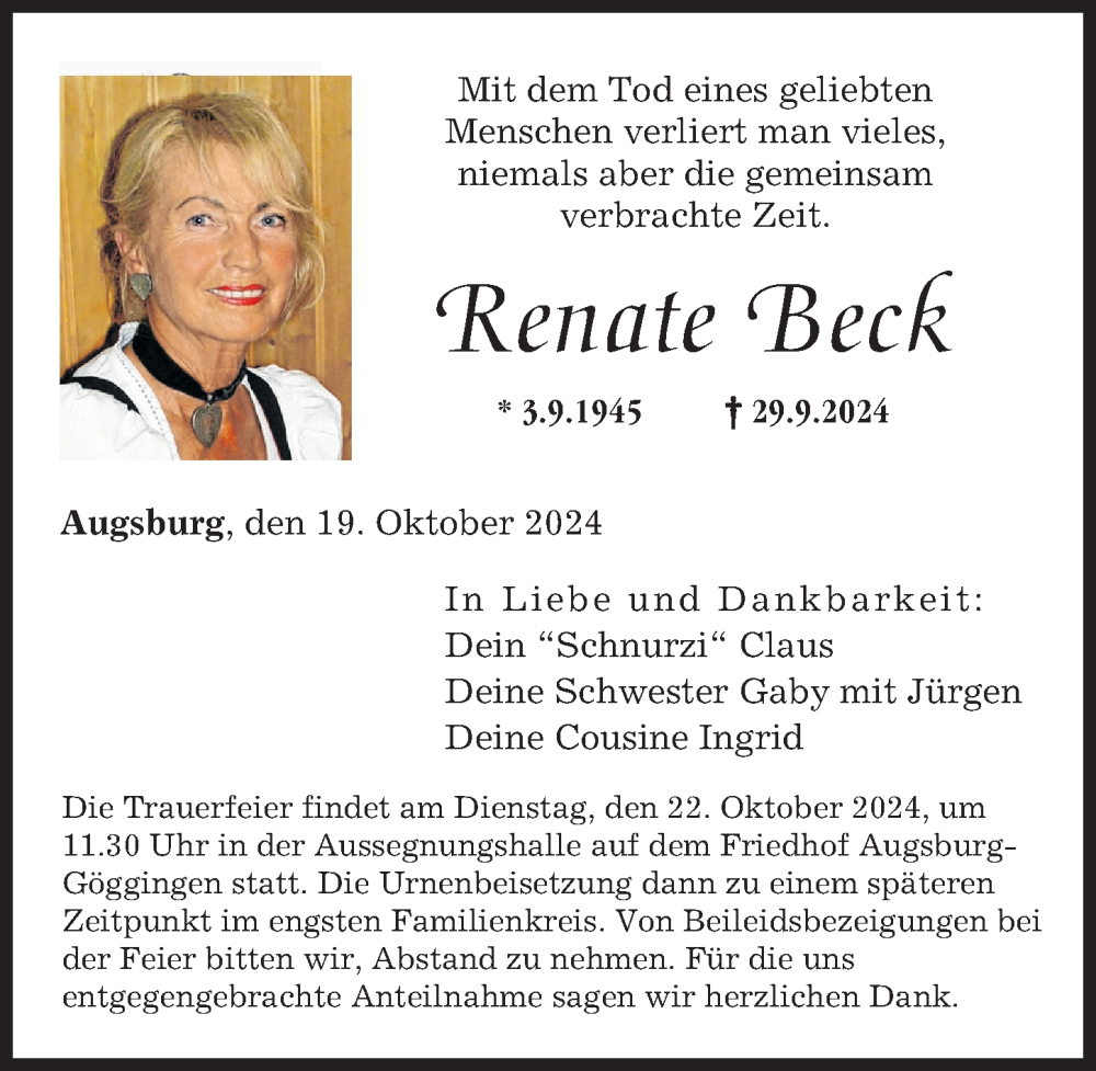 Traueranzeige von Renate Beck von Augsburger Allgemeine