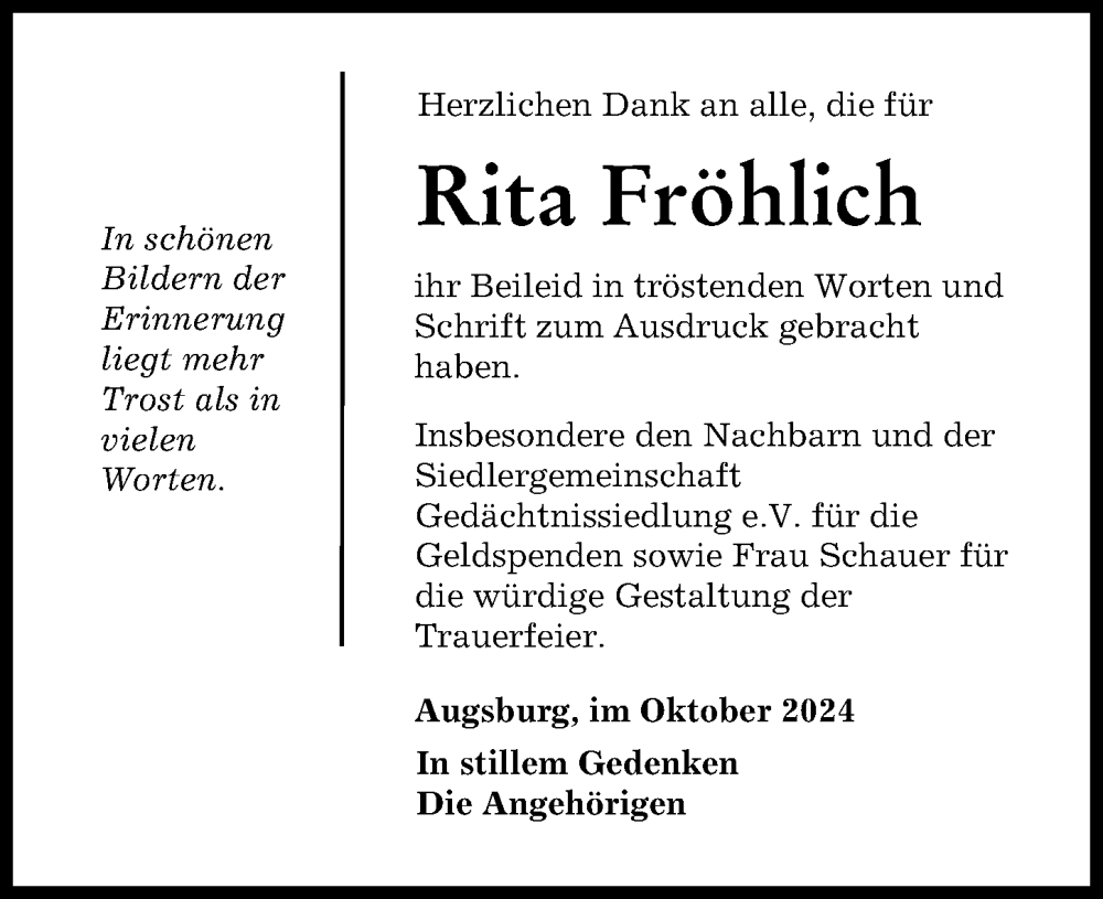 Traueranzeige von Rita Fröhlich von Augsburger Allgemeine