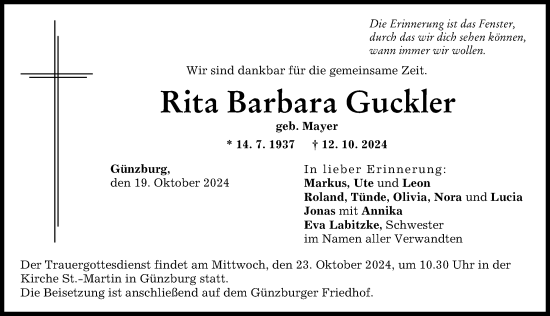 Traueranzeige von Rita Guckler von Günzburger Zeitung