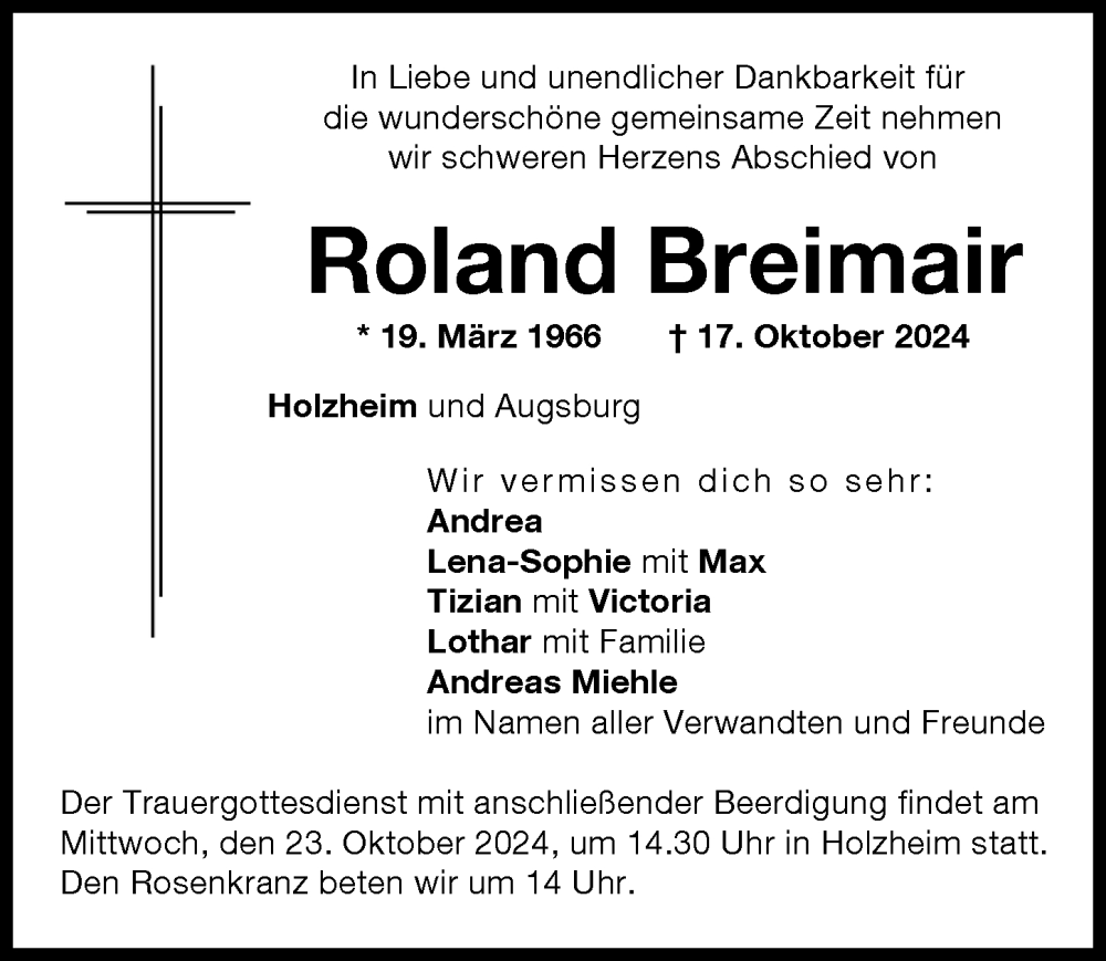  Traueranzeige für Roland Breimair vom 19.10.2024 aus Augsburg-Land