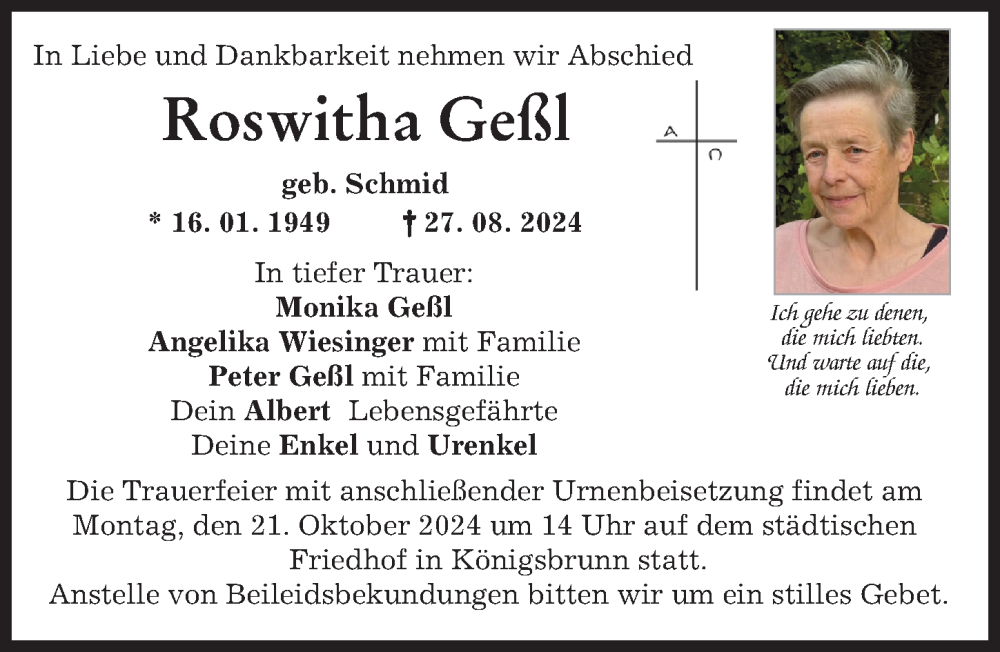 Traueranzeige von Roswitha Geßl von Augsburger Allgemeine