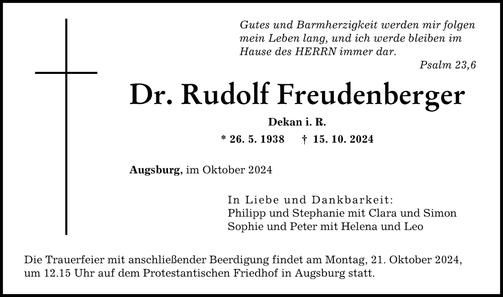 Traueranzeige von Rudolf Freudenberger von Augsburger Allgemeine