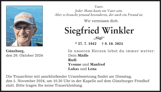 Traueranzeige von Siegfried Winkler von Günzburger Zeitung