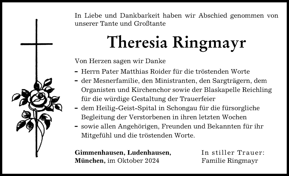 Traueranzeige von Theresia Ringmayr von Landsberger Tagblatt