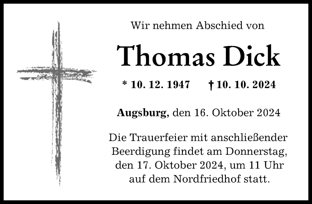 Traueranzeige von Thomas Dick von Augsburger Allgemeine