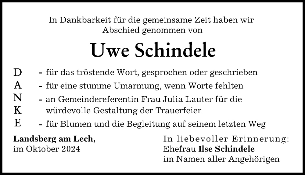 Traueranzeige von Uwe Schindele von Landsberger Tagblatt