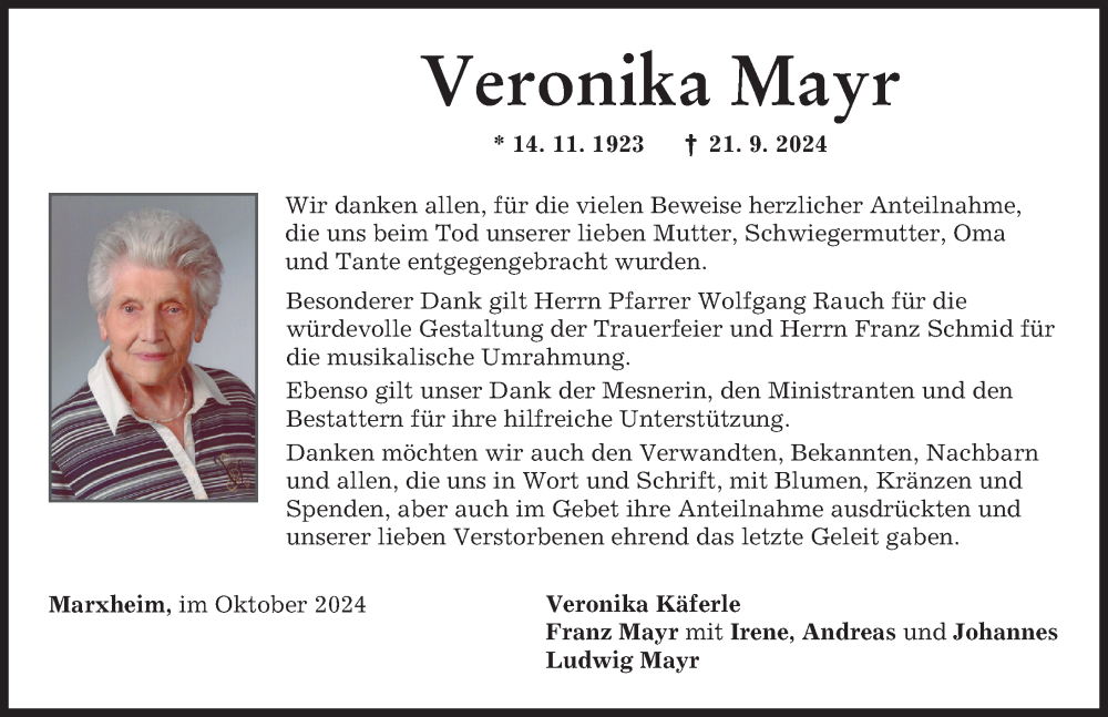 Traueranzeige von Veronika Mayr von Donauwörther Zeitung