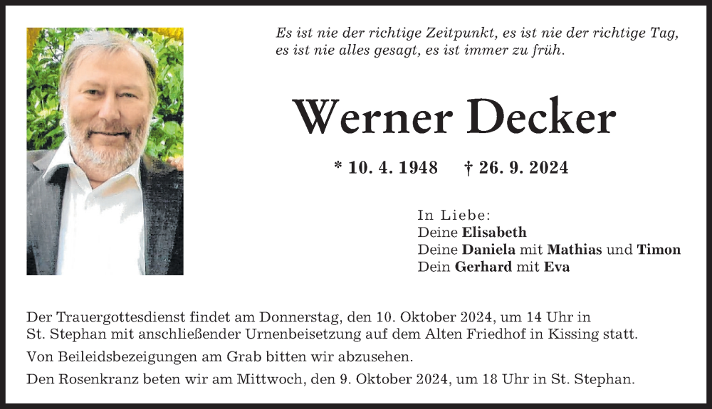 Traueranzeige von Werner Decker von Friedberger Allgemeine