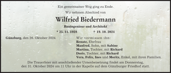 Traueranzeige von Wilfried Biedermann von Günzburger Zeitung