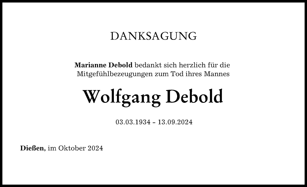 Traueranzeige von Wolfgang Debold von Landsberger Tagblatt, Friedberger Allgemeine, Augsburger Allgemeine