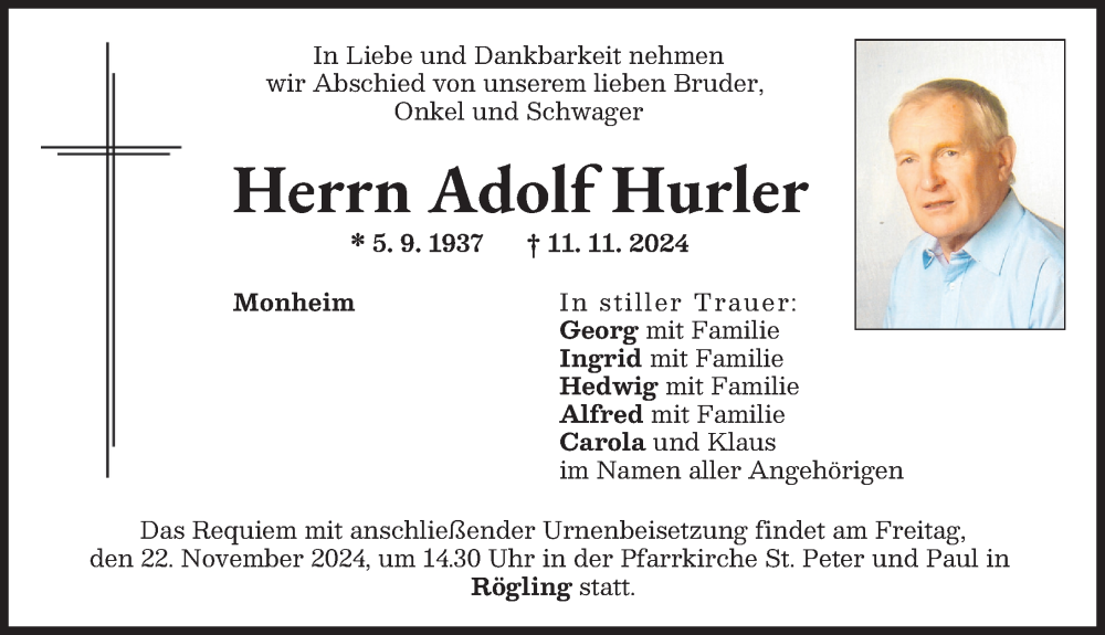 Traueranzeige von Adolf Hurler von Donauwörther Zeitung