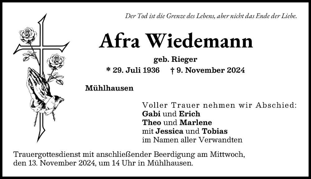 Traueranzeige von Afra Wiedemann von Friedberger Allgemeine, Aichacher Nachrichten