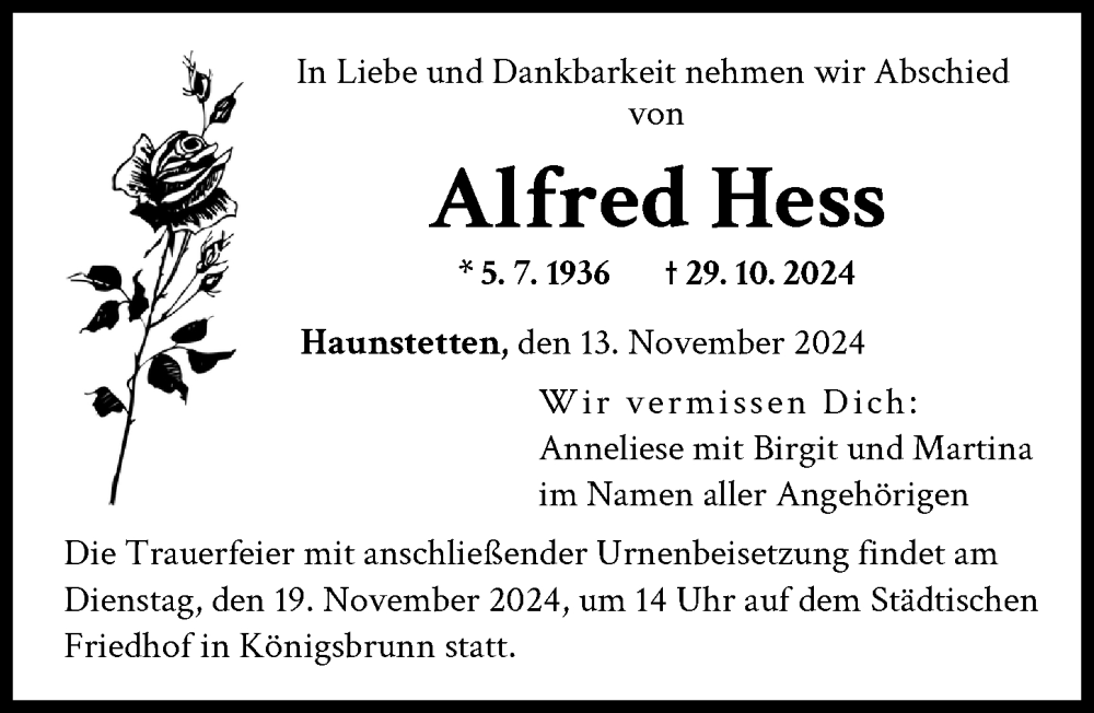 Traueranzeige von Alfred Hess von Augsburger Allgemeine