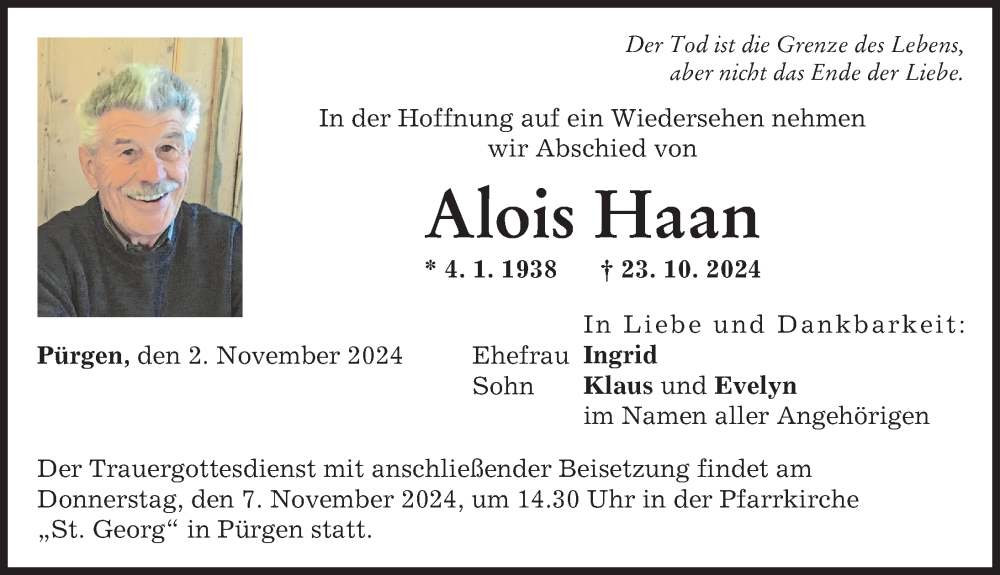 Traueranzeige von Alois Haan von Landsberger Tagblatt