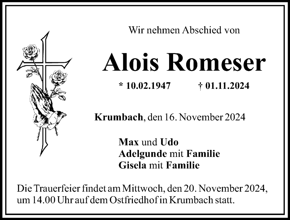 Traueranzeige von Alois Romeser von Mittelschwäbische Nachrichten