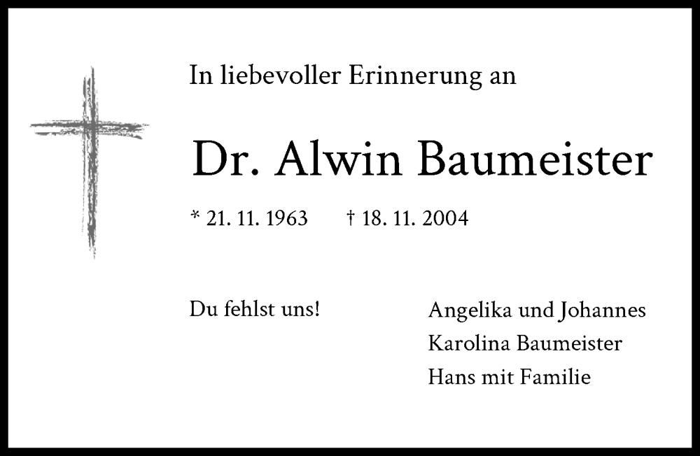 Traueranzeige von Alwin Baumeister von Illertisser Zeitung, Mittelschwäbische Nachrichten