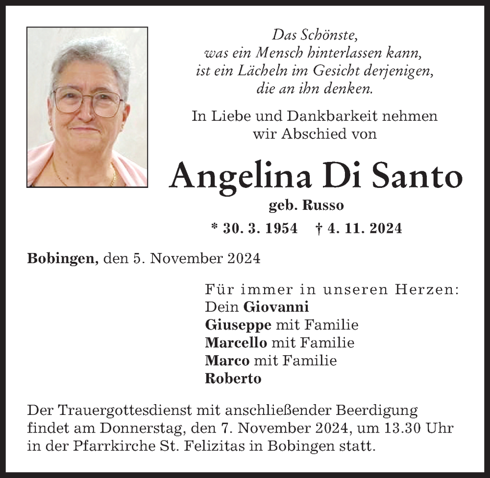 Traueranzeige von Angelina Di Santo von Schwabmünchner Allgemeine