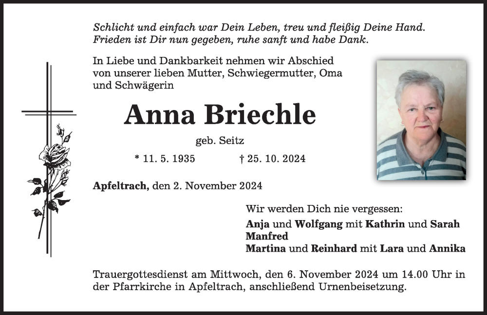 Traueranzeige von Anna Briechle von Mindelheimer Zeitung