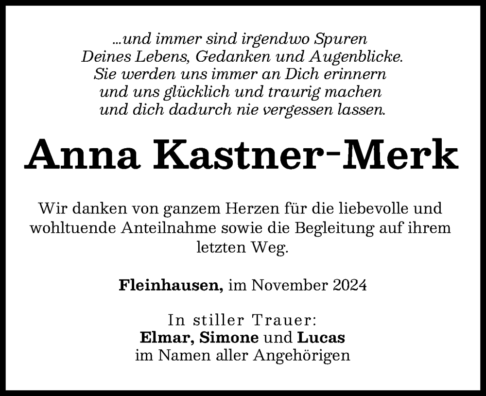 Traueranzeige von Anna Kastner-Merk von Augsburger Allgemeine