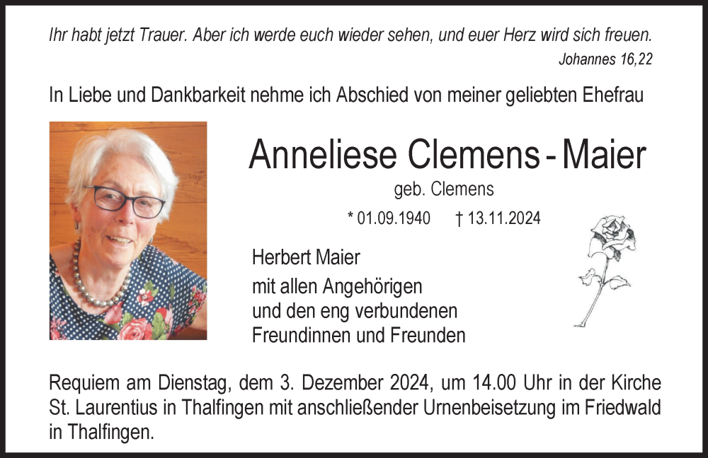 Traueranzeige von Anneliese Clemens-Maier von Illertisser Zeitung, Neu-Ulmer Zeitung