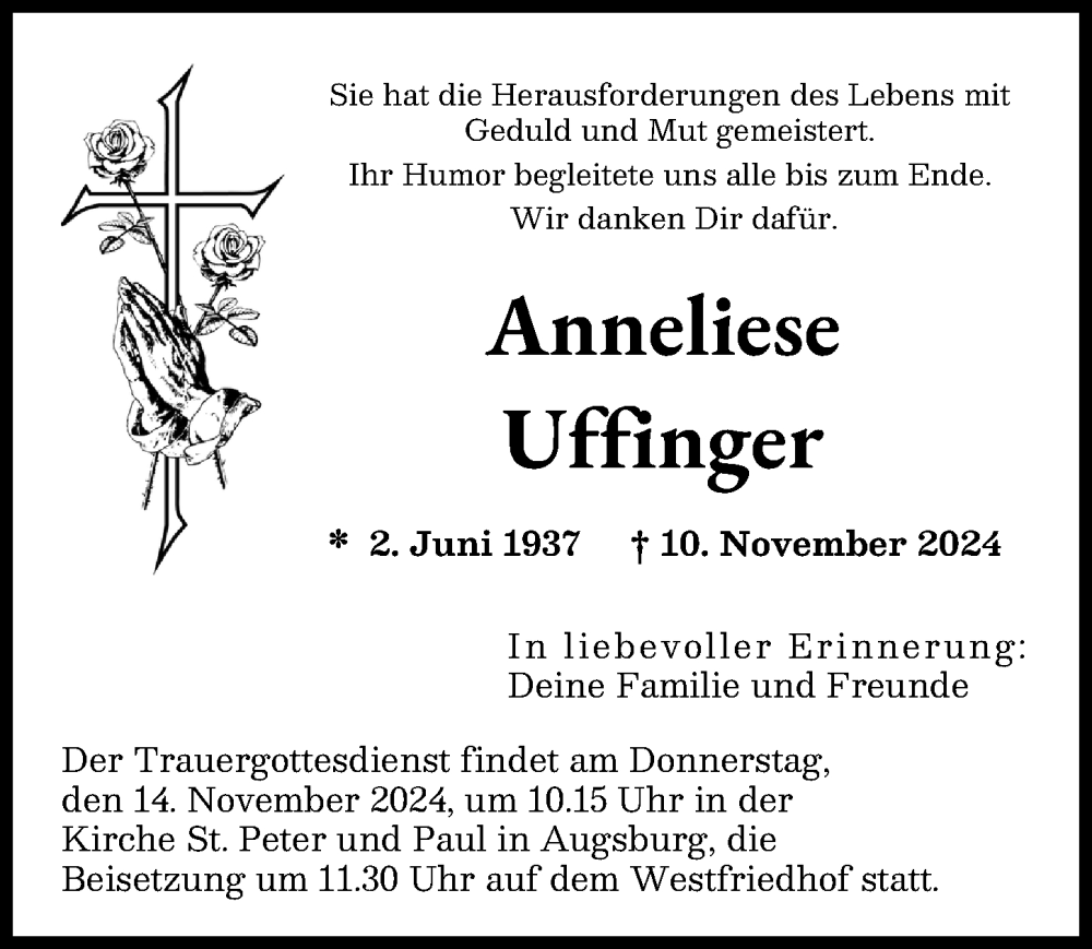 Traueranzeige von Anneliese Uffinger von Augsburger Allgemeine