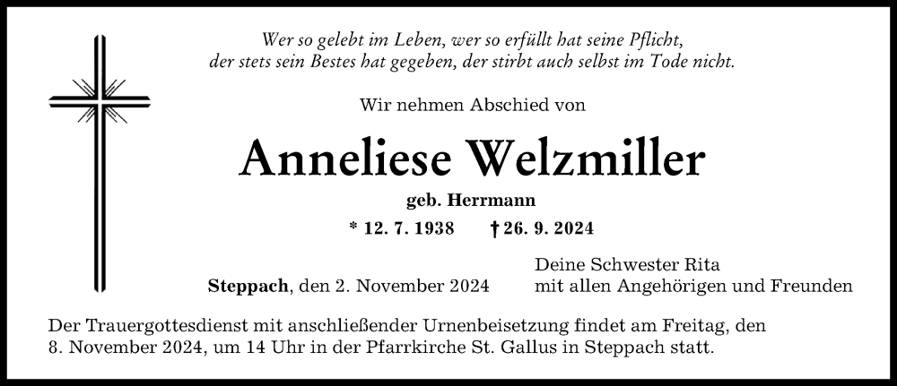 Traueranzeige von Anneliese Welzmiller von Augsburger Allgemeine