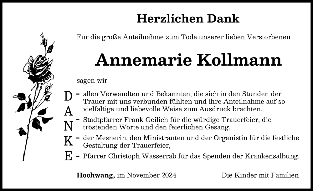 Traueranzeige von Annemarie Kollmann von Günzburger Zeitung