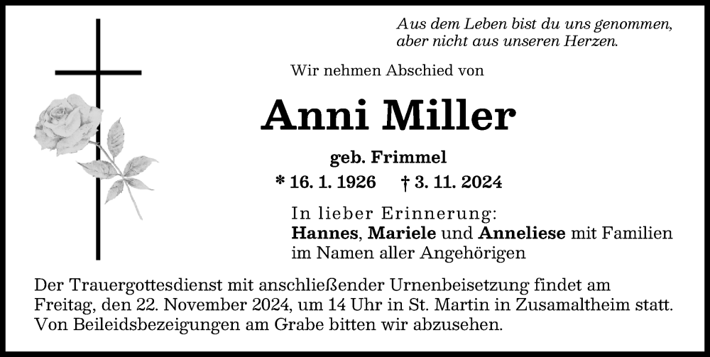 Traueranzeige von Anni Miller von Wertinger Zeitung