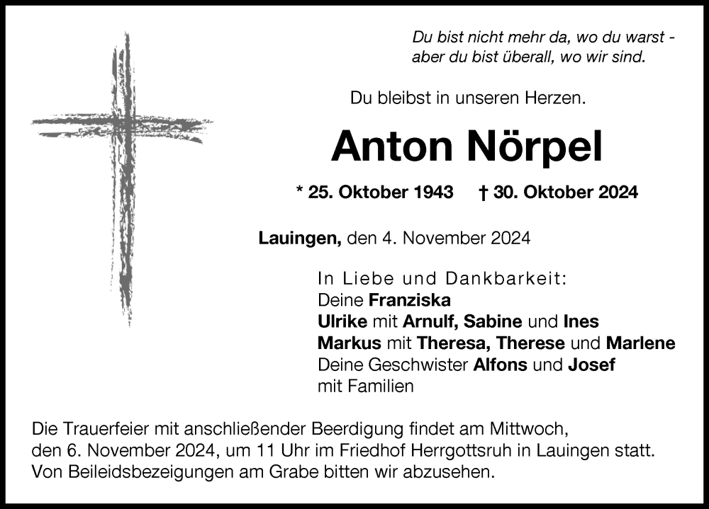 Traueranzeige von Anton Nörpel von Donau Zeitung