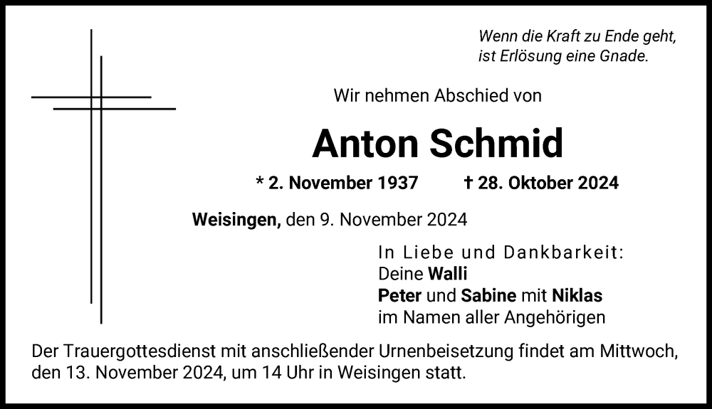 Traueranzeige von Anton Schmid von Donau Zeitung