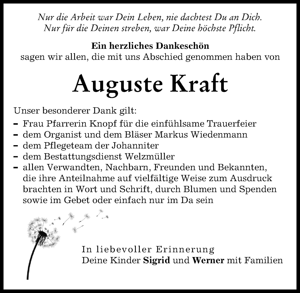 Traueranzeige von Auguste Kraft von Schwabmünchner Allgemeine