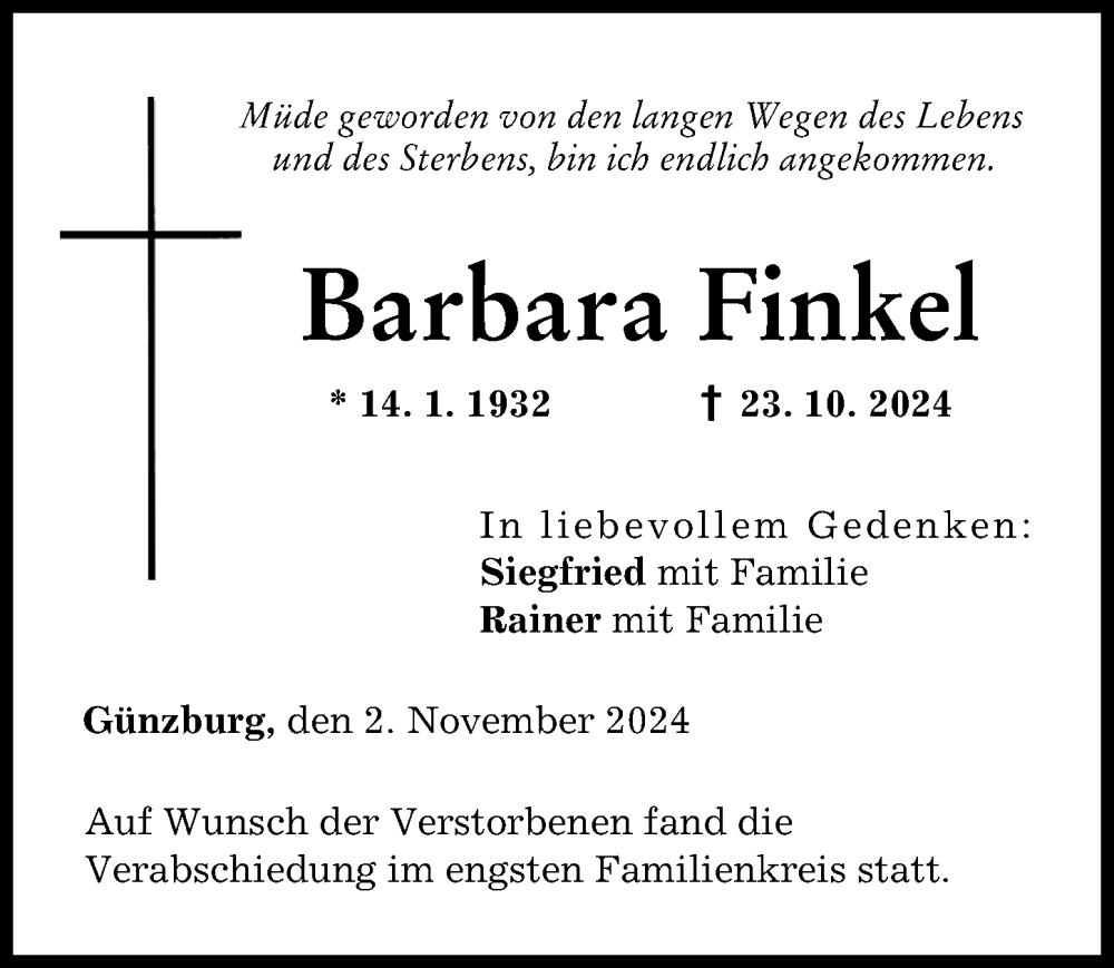 Traueranzeige von Barbara Finkel von Günzburger Zeitung