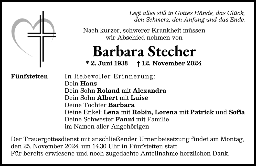 Traueranzeige von Barbara Stecher von Donauwörther Zeitung