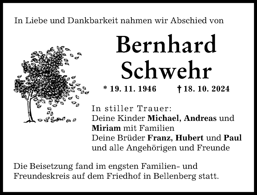 Traueranzeige von Bernhard Schwehr von Illertisser Zeitung