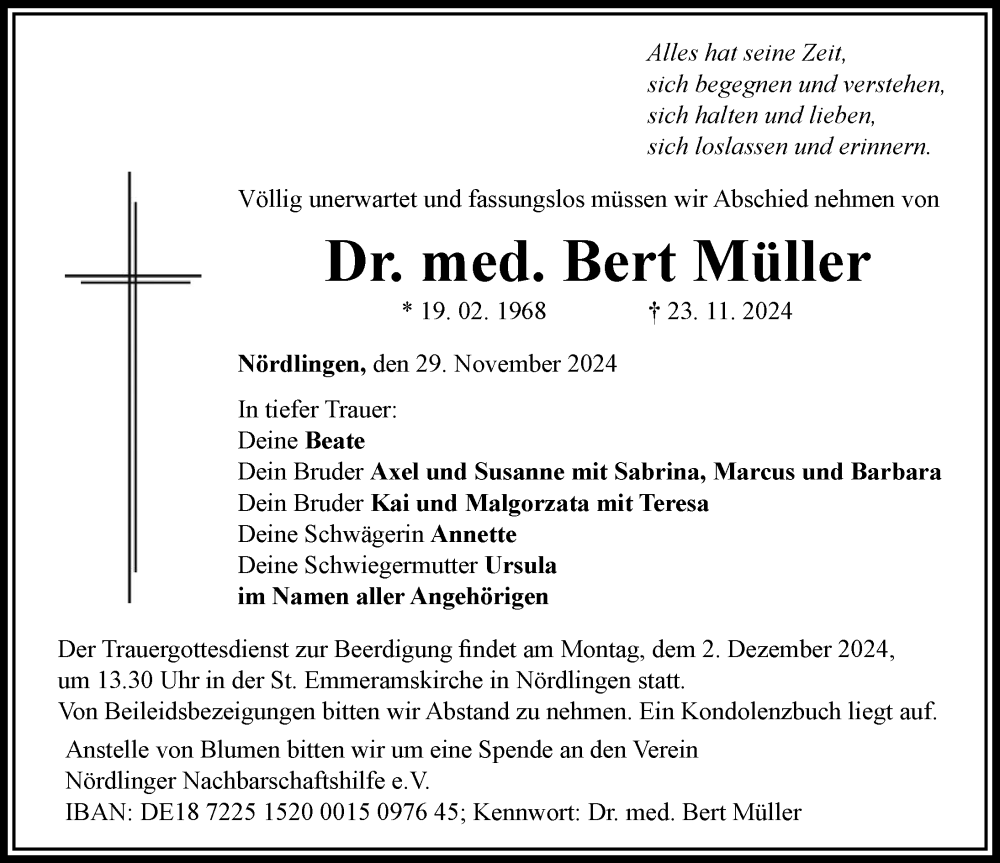  Traueranzeige für Bert Müller vom 29.11.2024 aus Rieser Nachrichten